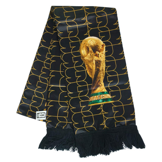 Official 2026 FIFA World Cup Edition - High - Definition Universal Polyester Scarf with Trophy Pattern. It's the perfect gameday fan wear for all matches, whether in New York, Miami, Dallas, or Los Angeles.