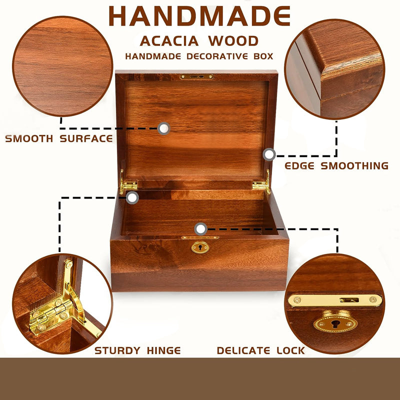 SOPEWOD Wooden Box with Hinged Lid Acacia Wood Decorative Storage Boxes Hand-Crafted Wooden Box for Recipes Decorative Storage
