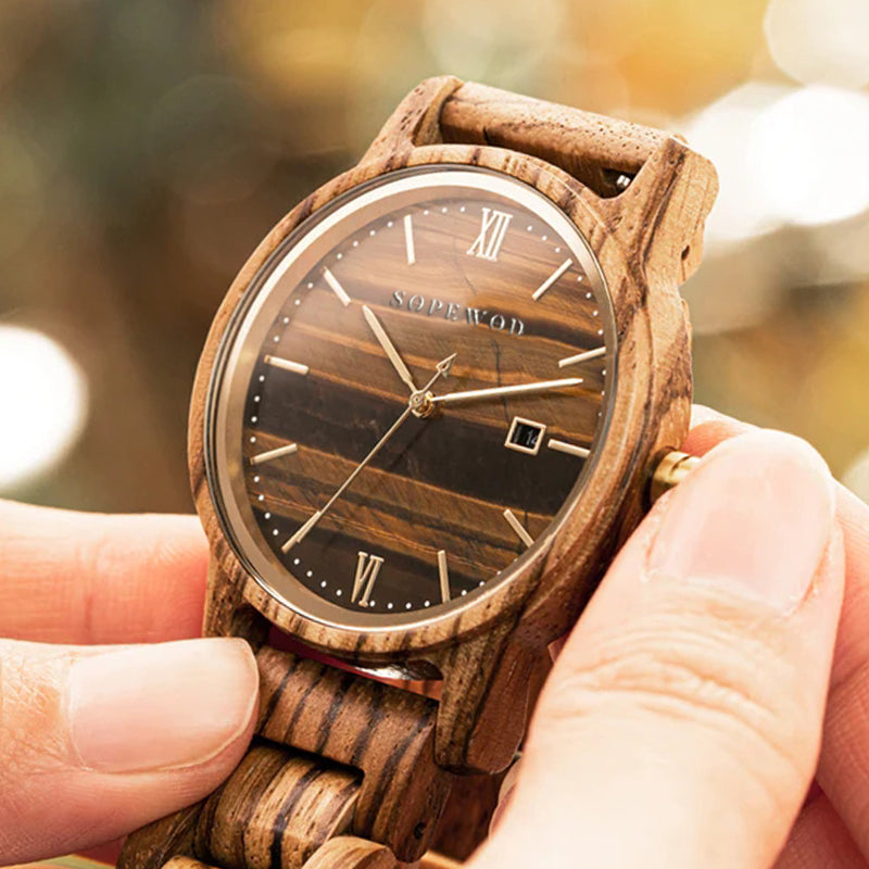 SOPEWOD Custom Anniversary Gift Engraved Wooden Men Watch Wristwatches Natural zebra Customized Wood Watch
