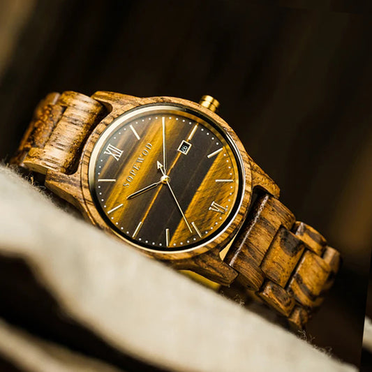 SOPEWOD Custom Anniversary Gift Engraved Wooden Men Watch Wristwatches Natural zebra Customized Wood Watch
