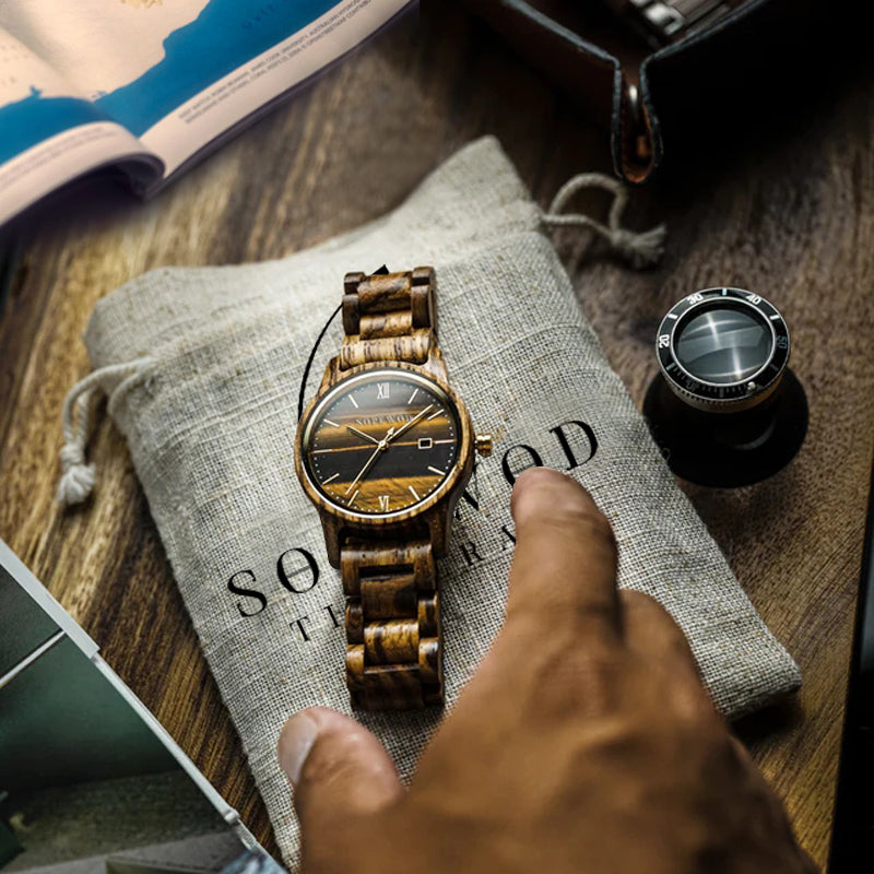 SOPEWOD Custom Anniversary Gift Engraved Wooden Men Watch Wristwatches Natural zebra Customized Wood Watch