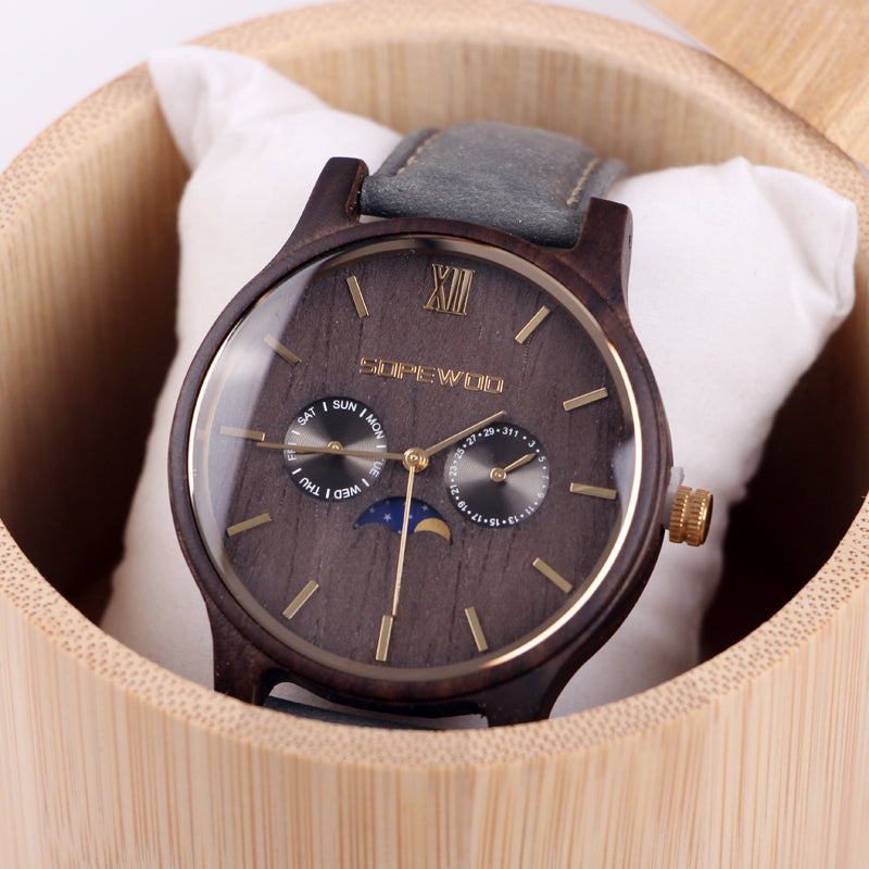SOPEWOD Men's Personalized Engraved Wooden Watch, Stylish Wooden and Strap Combination Quartz Casual Watch for Men Family Friends