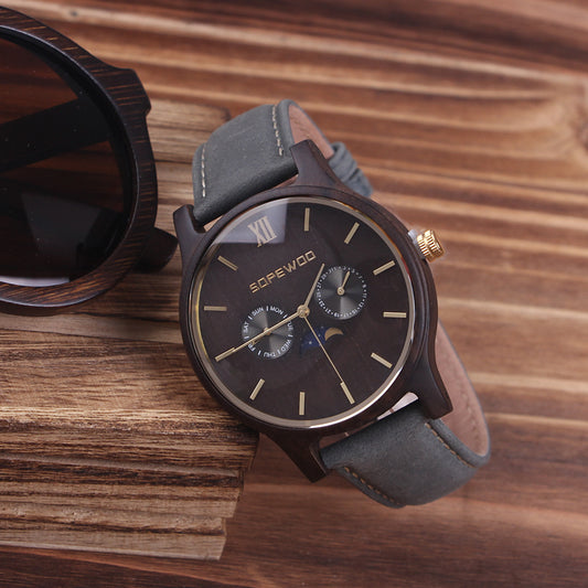 SOPEWOD Men's Personalized Engraved Wooden Watch, Stylish Wooden and Strap Combination Quartz Casual Watch for Men Family Friends