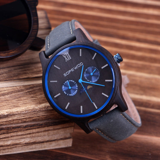 SOPEWOD Men's Personalized Engraved Wooden Watch, Stylish Wooden and Strap Combination Quartz Casual Watch for Men Family Friends