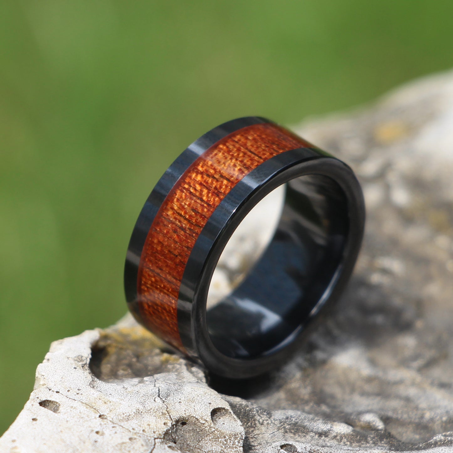 Black Tungsten Wedding Ring Domed with Real Koa Wood Inlay