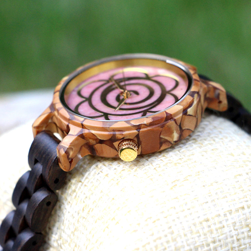 SOPEWOD Women's New Natural Wood Watch and Stone Face Design