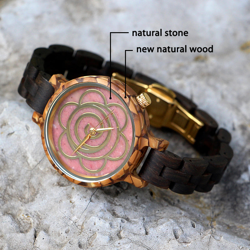 SOPEWOD Women's New Natural Wood Watch and Stone Face Design