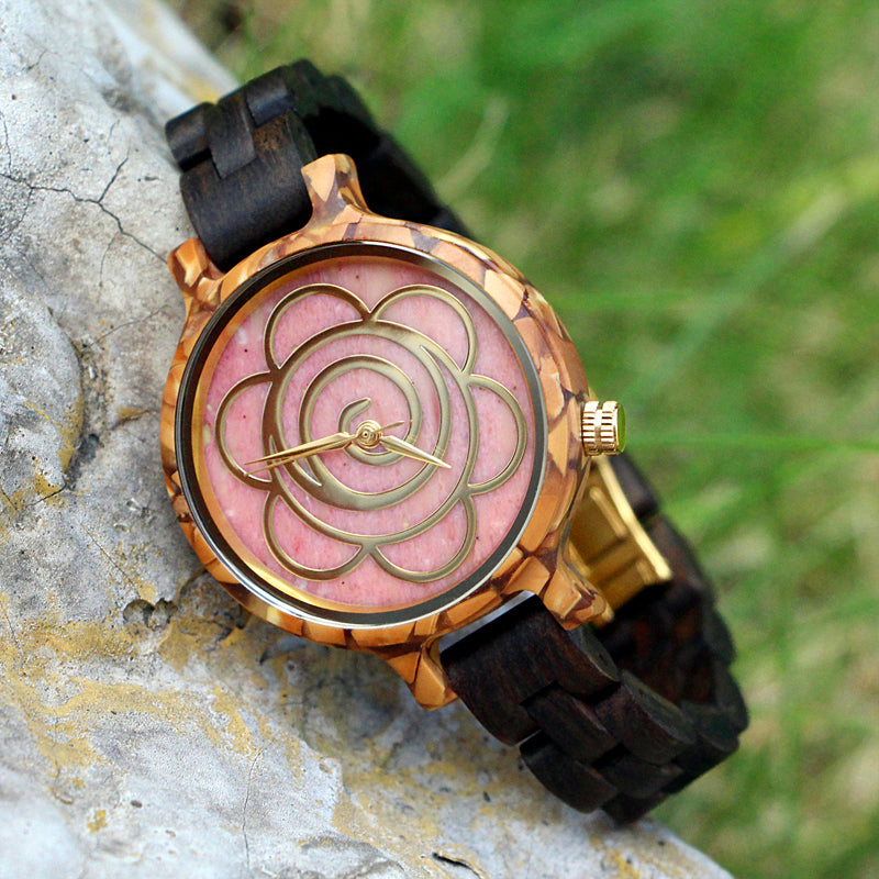 SOPEWOD Women's New Natural Wood Watch and Stone Face Design