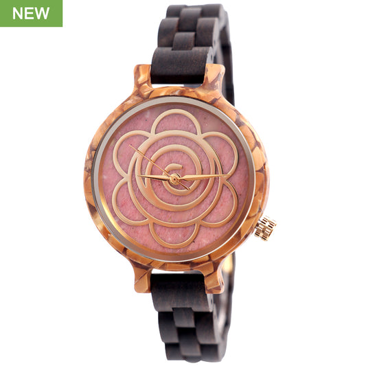 SOPEWOD Women's New Natural Wood Watch and Stone Face Design