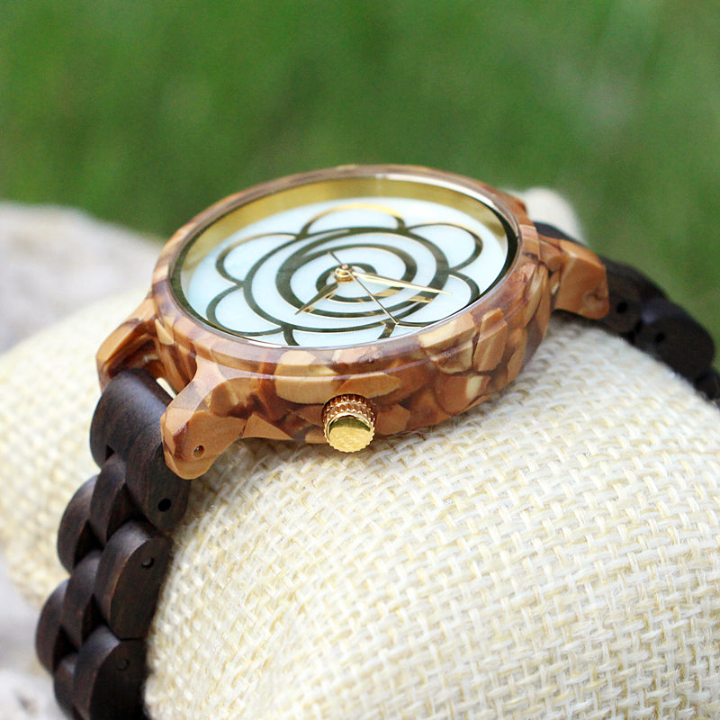 SOPEWOD Women's New Natural Wood Watch and Stone Face Design