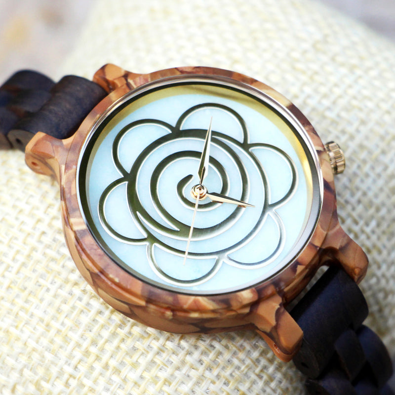 SOPEWOD Women's New Natural Wood Watch and Stone Face Design