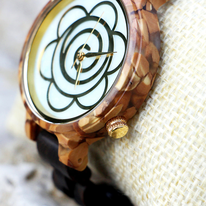 SOPEWOD Women's New Natural Wood Watch and Stone Face Design