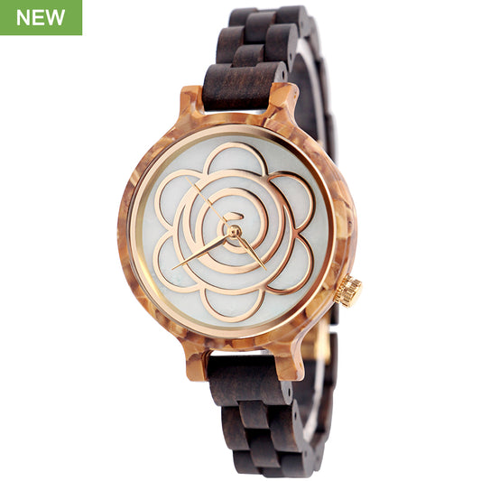 SOPEWOD Women's New Natural Wood Watch and Stone Face Design