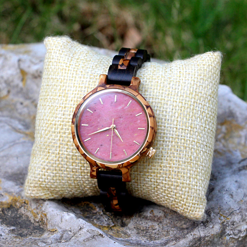 SOPEWOD Women's New Natural Wood Watch and Stone Face Design