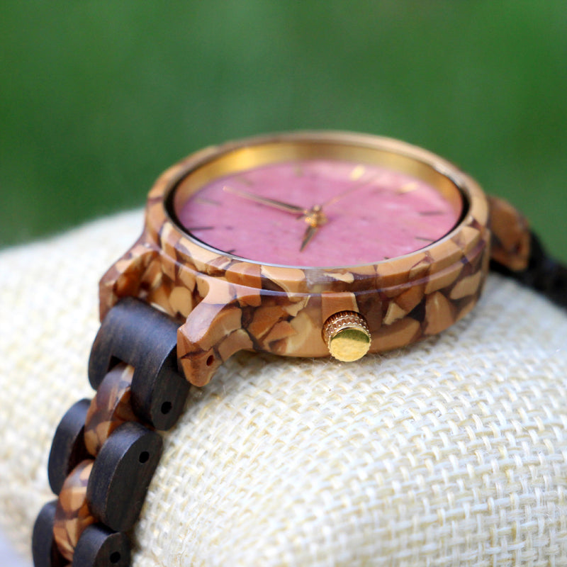 SOPEWOD Women's New Natural Wood Watch and Stone Face Design