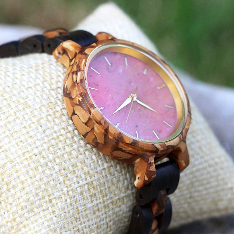 SOPEWOD Women's New Natural Wood Watch and Stone Face Design
