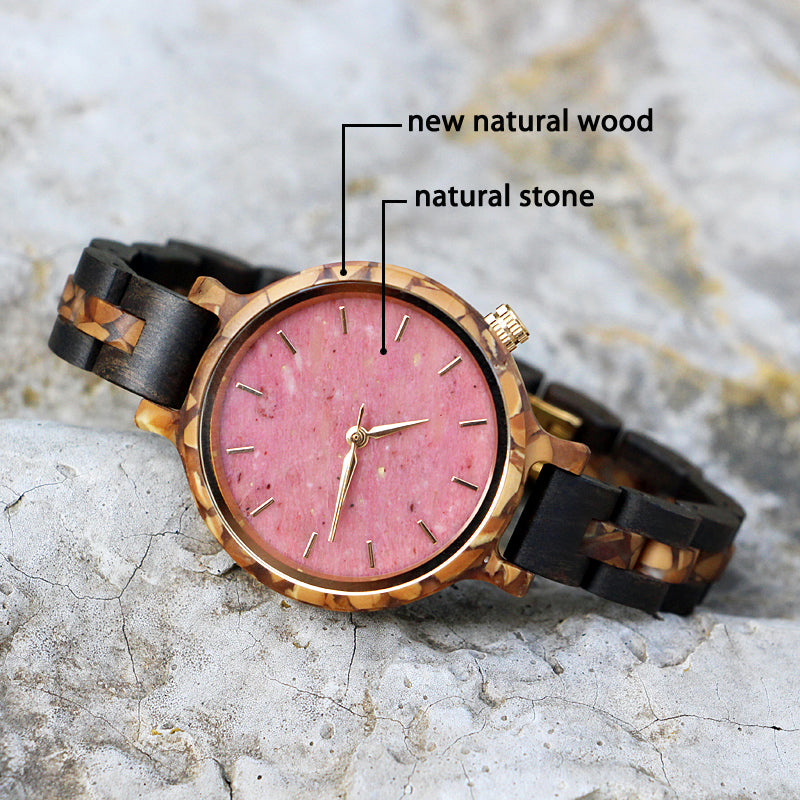 SOPEWOD Women's New Natural Wood Watch and Stone Face Design