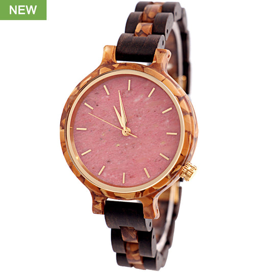 SOPEWOD Women's New Natural Wood Watch and Stone Face Design