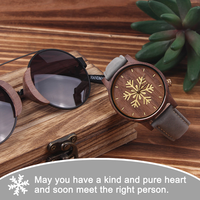SOPEWOD new snowflake hollow metal design wood watch