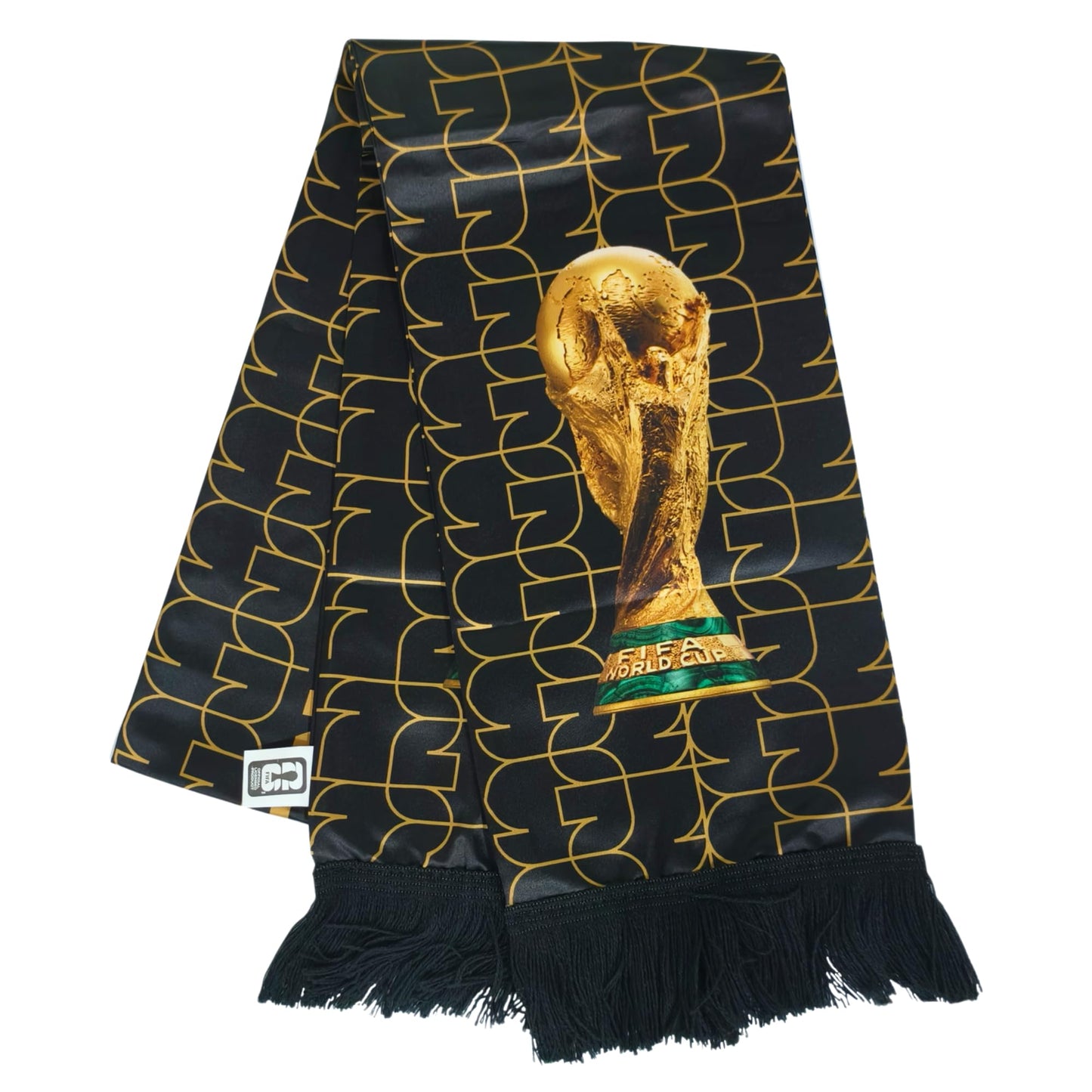 Official 2026 FIFA World Cup Edition - High - Definition Universal Polyester Scarf with Trophy Pattern. It's the perfect gameday fan wear for all matches, whether in New York, Miami, Dallas, or Los Angeles.