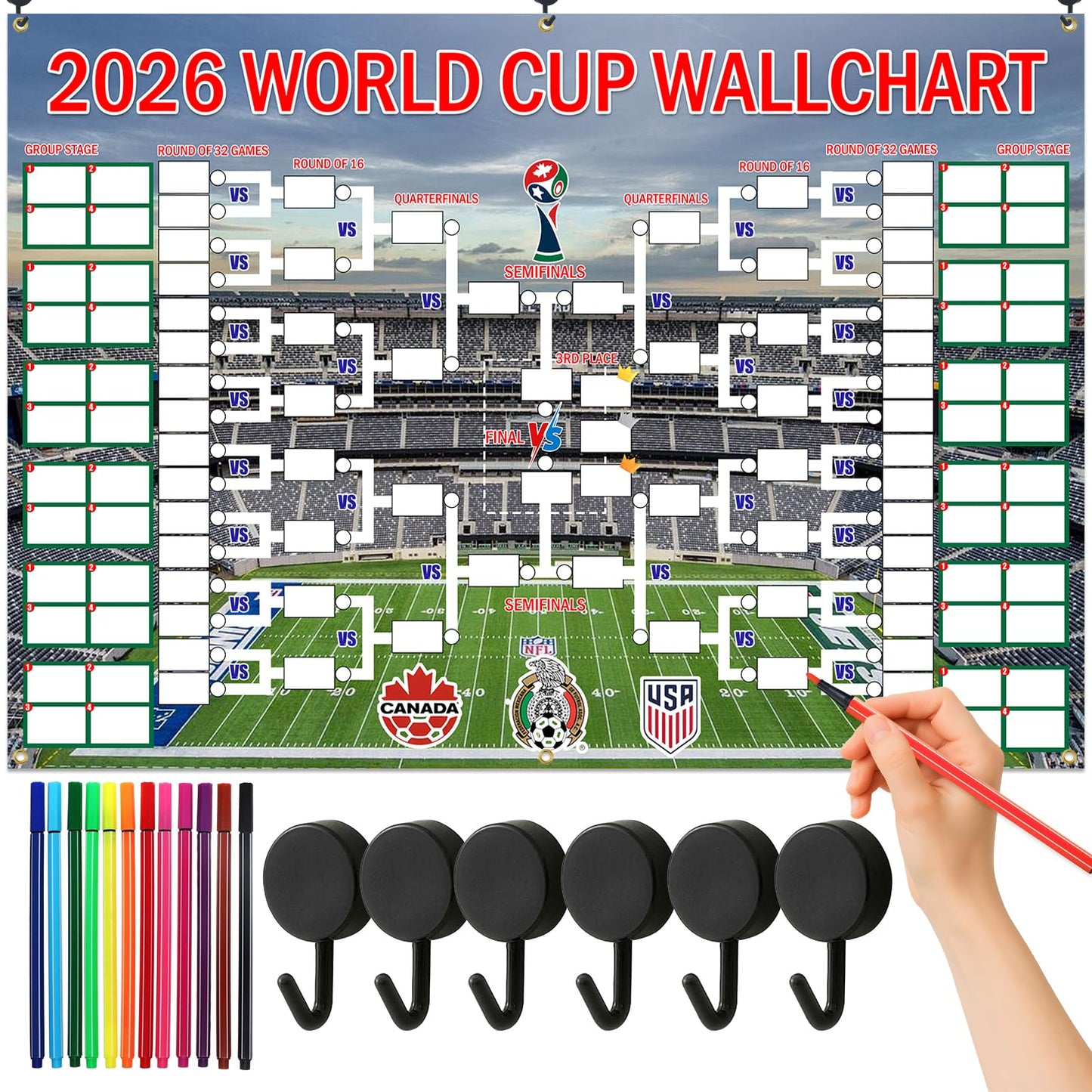 83 x 59 Inch 2026 World Cup Match Schedule Poster. Made of polyester, it combines a match schedule and a trophy showcase. It serves as an excellent backdrop banner for international - themed party decorations, office or bar set - ups