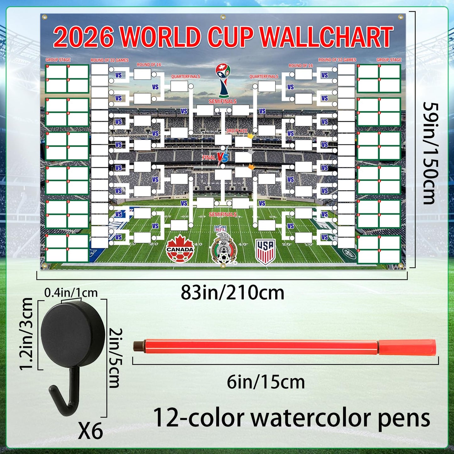 83 x 59 Inch 2026 World Cup Match Schedule Poster. Made of polyester, it combines a match schedule and a trophy showcase. It serves as an excellent backdrop banner for international - themed party decorations, office or bar set - ups