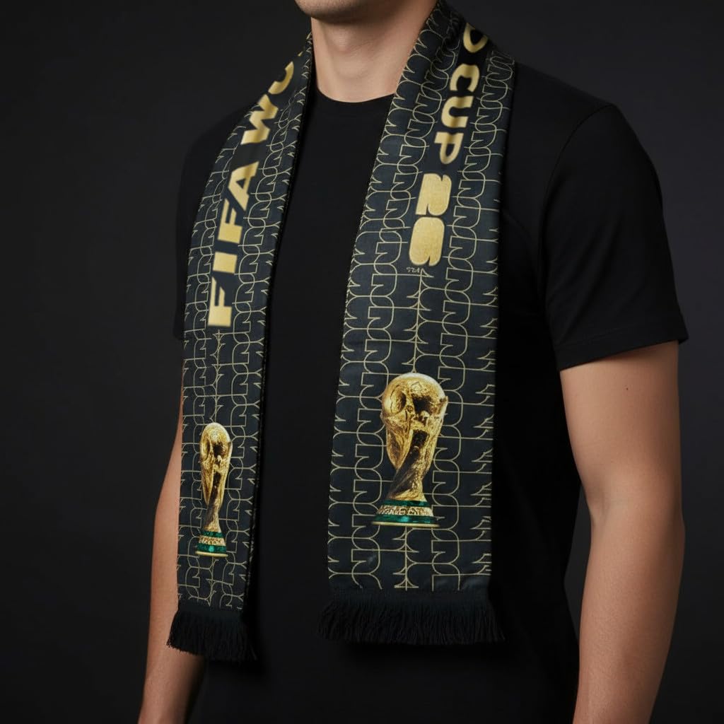 Official 2026 FIFA World Cup Edition - High - Definition Universal Polyester Scarf with Trophy Pattern. It's the perfect gameday fan wear for all matches, whether in New York, Miami, Dallas, or Los Angeles.