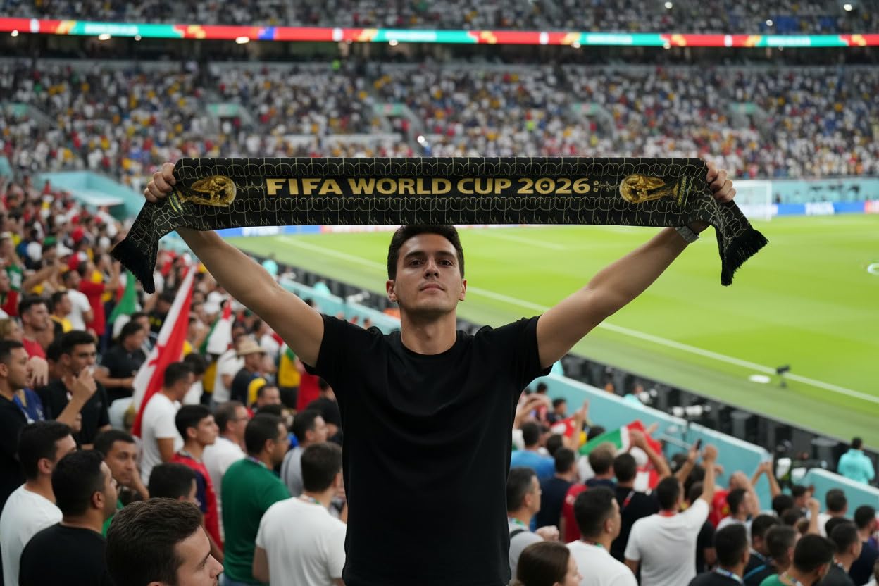 Official 2026 FIFA World Cup Edition - High - Definition Universal Polyester Scarf with Trophy Pattern. It's the perfect gameday fan wear for all matches, whether in New York, Miami, Dallas, or Los Angeles.