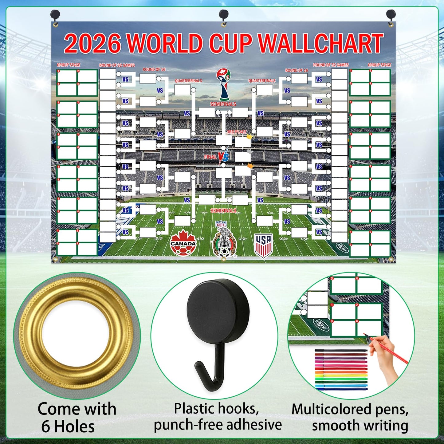83 x 59 Inch 2026 World Cup Match Schedule Poster. Made of polyester, it combines a match schedule and a trophy showcase. It serves as an excellent backdrop banner for international - themed party decorations, office or bar set - ups