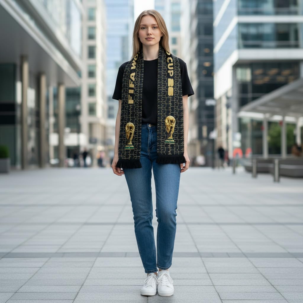 Official 2026 FIFA World Cup Edition - High - Definition Universal Polyester Scarf with Trophy Pattern. It's the perfect gameday fan wear for all matches, whether in New York, Miami, Dallas, or Los Angeles.