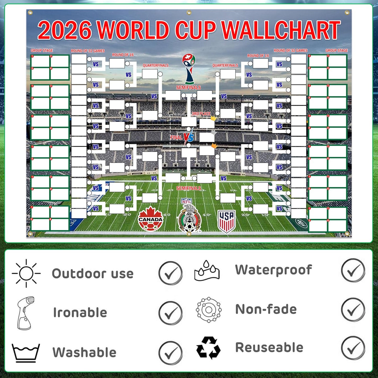 83 x 59 Inch 2026 World Cup Match Schedule Poster. Made of polyester, it combines a match schedule and a trophy showcase. It serves as an excellent backdrop banner for international - themed party decorations, office or bar set - ups