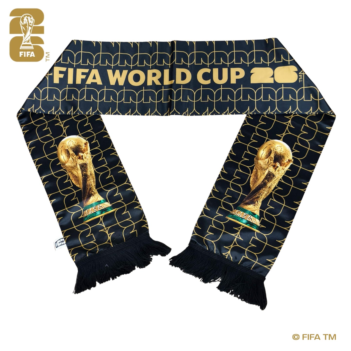 Official 2026 FIFA World Cup Edition - High - Definition Universal Polyester Scarf with Trophy Pattern. It's the perfect gameday fan wear for all matches, whether in New York, Miami, Dallas, or Los Angeles.