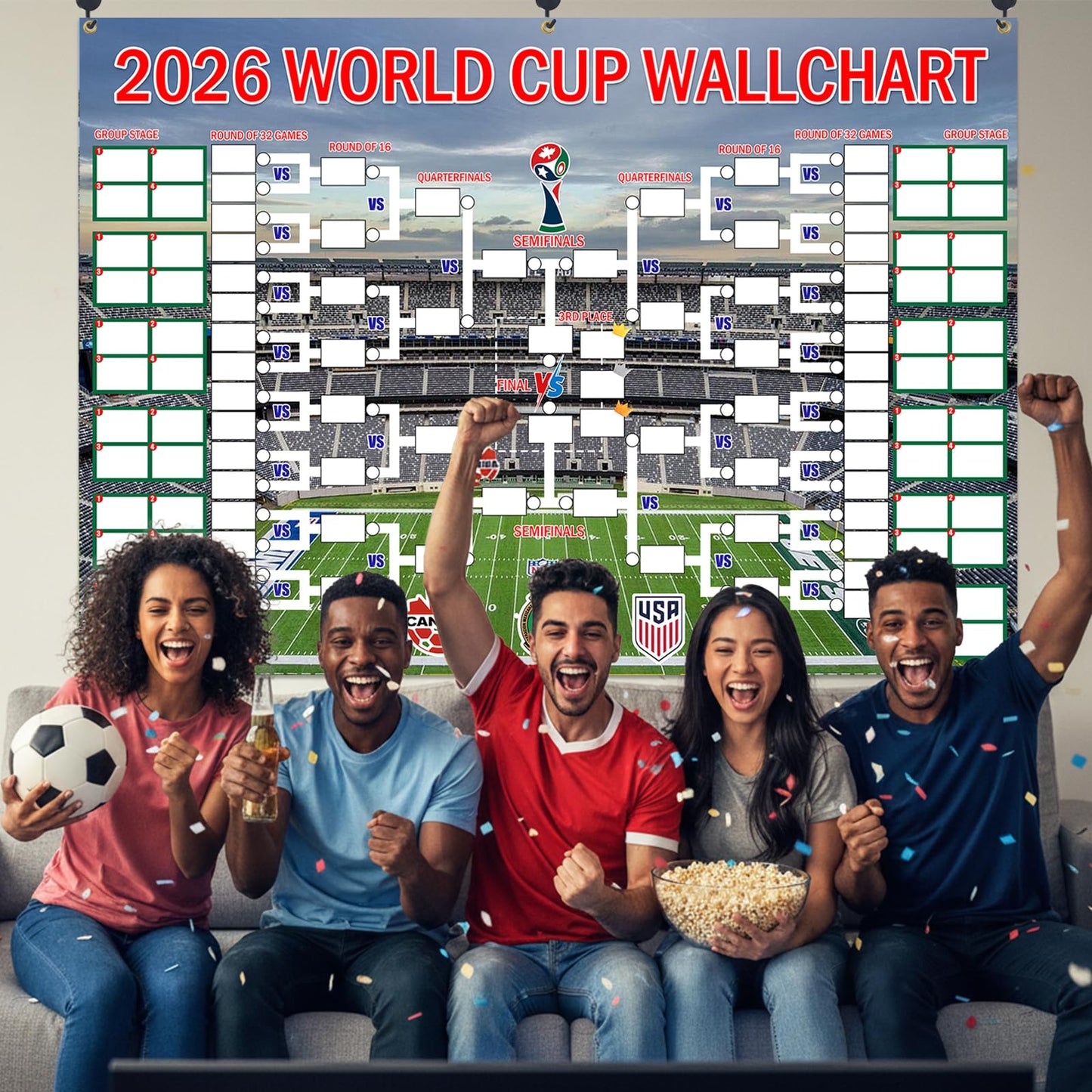 83 x 59 Inch 2026 World Cup Match Schedule Poster. Made of polyester, it combines a match schedule and a trophy showcase. It serves as an excellent backdrop banner for international - themed party decorations, office or bar set - ups