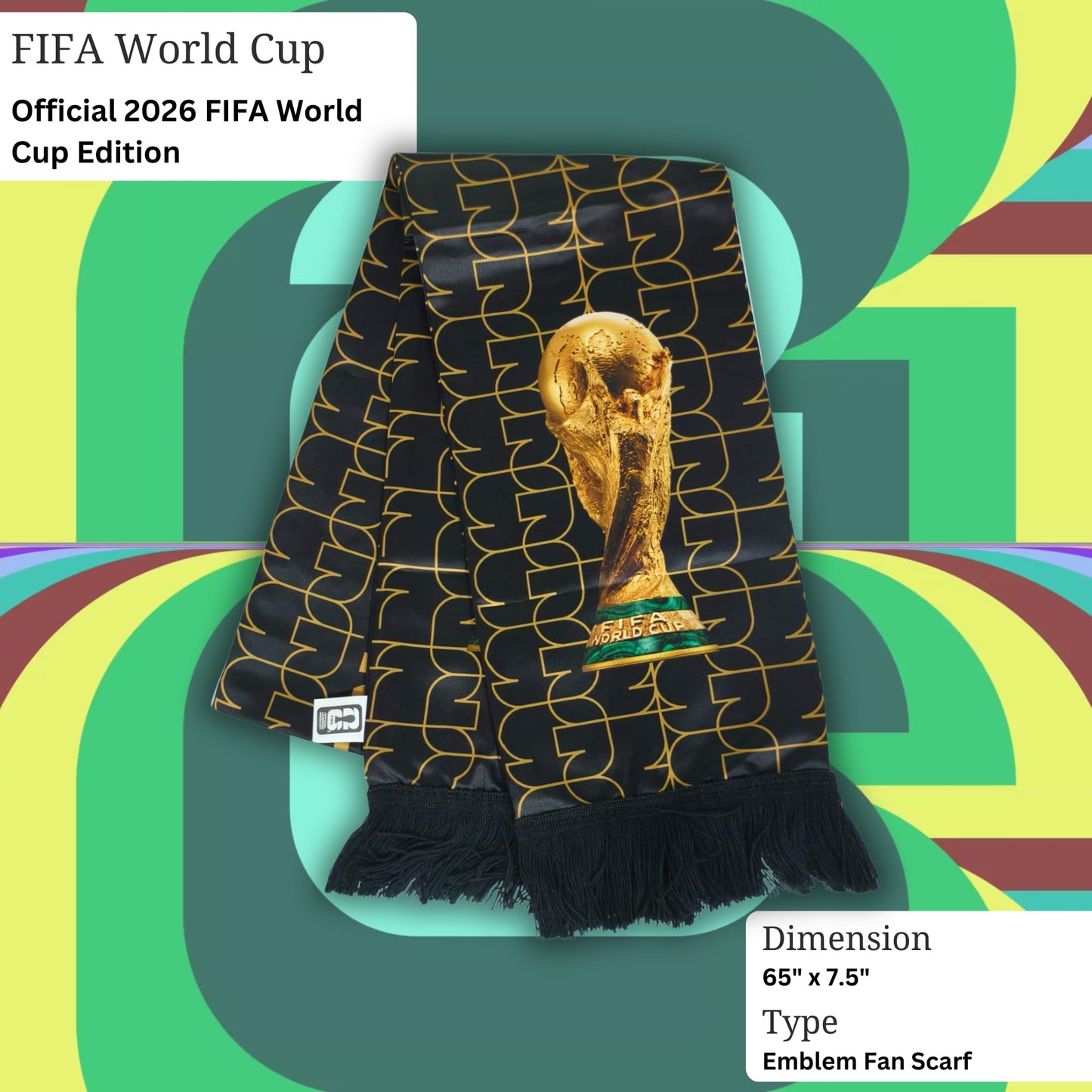 Official 2026 FIFA World Cup Edition - High - Definition Universal Polyester Scarf with Trophy Pattern. It's the perfect gameday fan wear for all matches, whether in New York, Miami, Dallas, or Los Angeles.