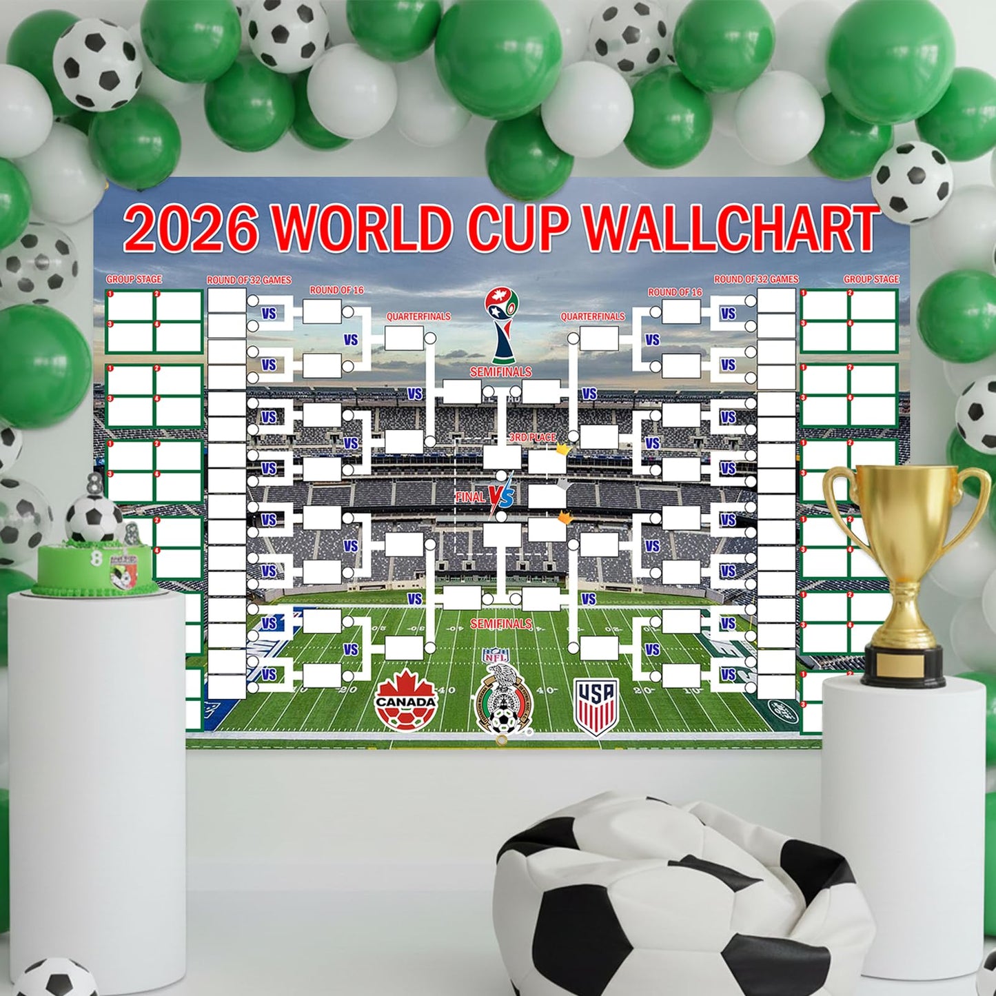 83 x 59 Inch 2026 World Cup Match Schedule Poster. Made of polyester, it combines a match schedule and a trophy showcase. It serves as an excellent backdrop banner for international - themed party decorations, office or bar set - ups