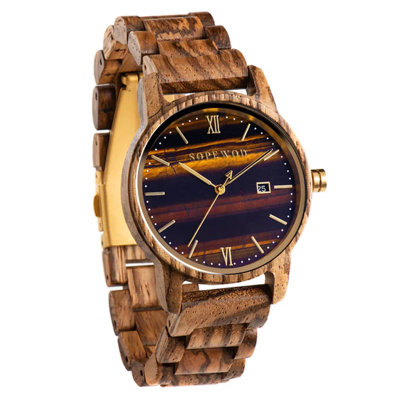 SOPEWOD Custom Anniversary Gift Engraved Wooden Men Watch Wristwatches Natural zebra Customized Wood Watch
