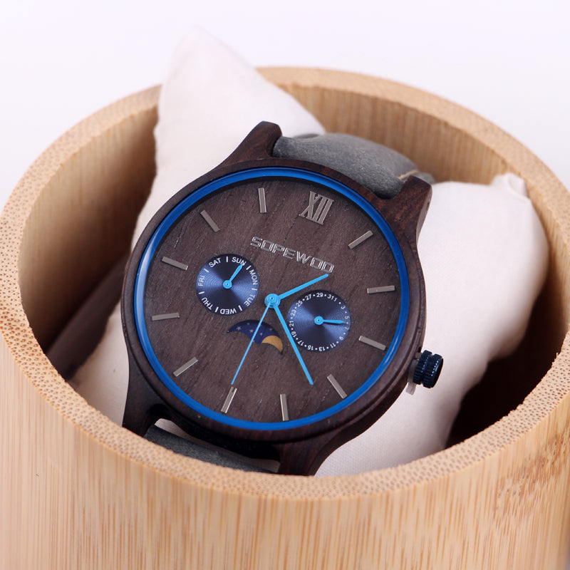 SOPEWOD Men's Personalized Engraved Wooden Watch, Stylish Wooden and Strap Combination Quartz Casual Watch for Men Family Friends