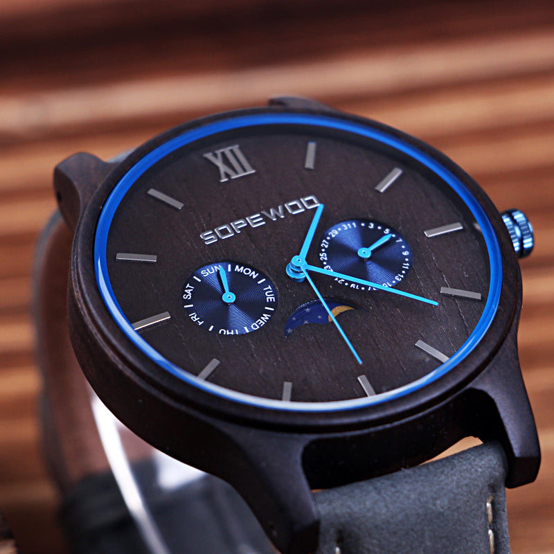 SOPEWOD Men's Personalized Engraved Wooden Watch, Stylish Wooden and Strap Combination Quartz Casual Watch for Men Family Friends
