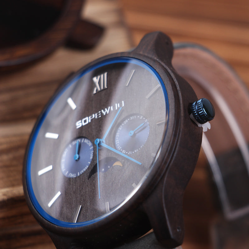 SOPEWOD Men's Personalized Engraved Wooden Watch, Stylish Wooden and Strap Combination Quartz Casual Watch for Men Family Friends