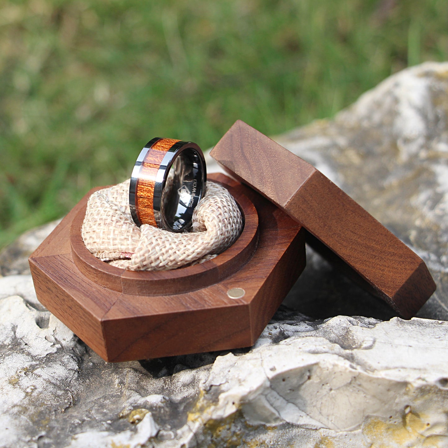 Black Tungsten Wedding Ring Domed with Real Koa Wood Inlay