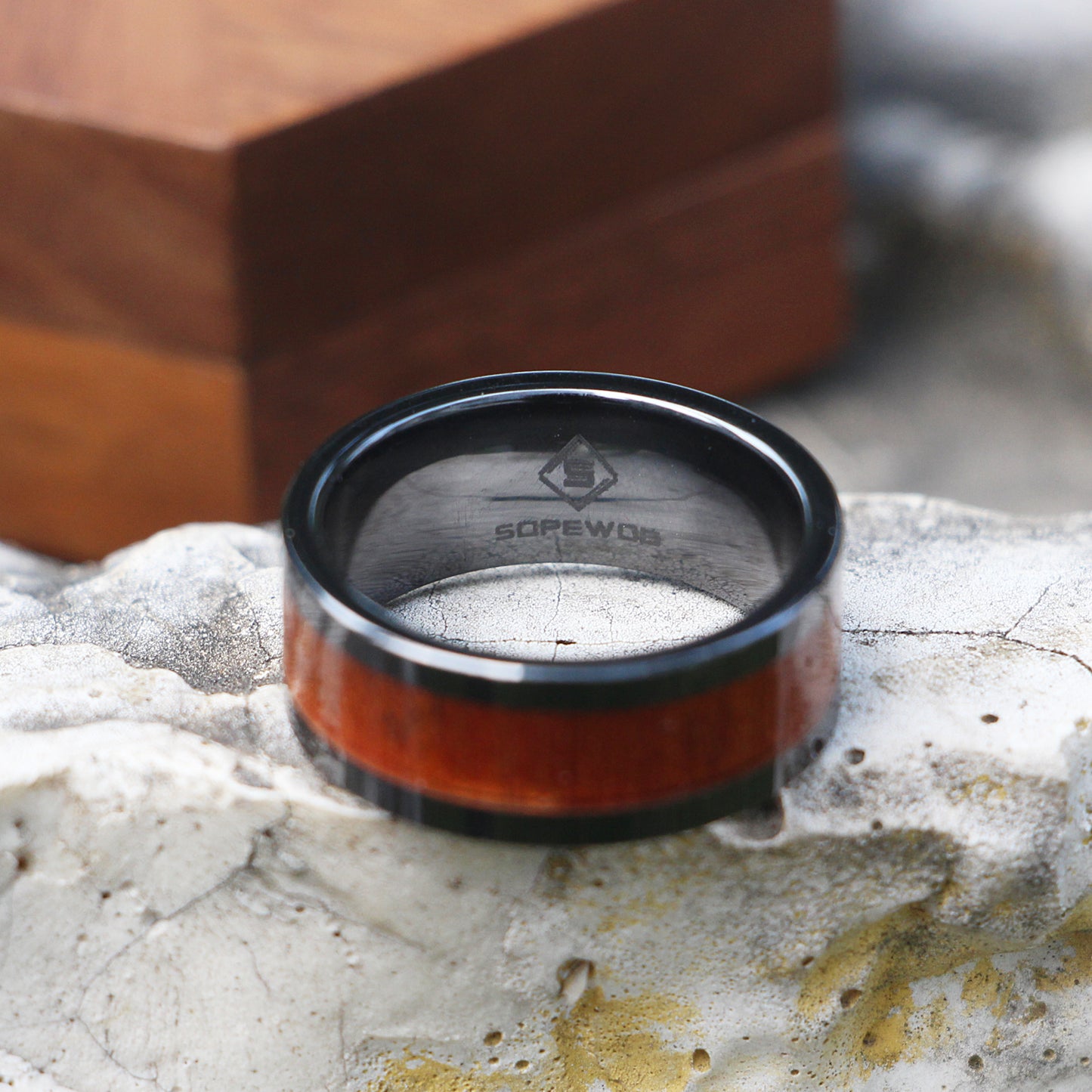Black Tungsten Wedding Ring Domed with Real Koa Wood Inlay