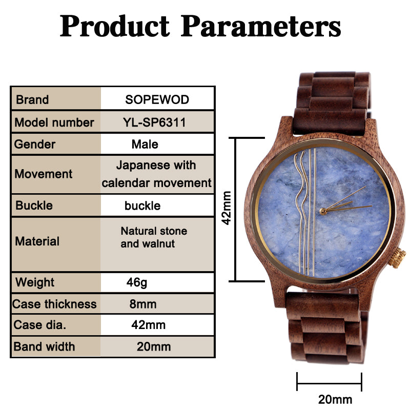 SOPEWOD Men's walnut Wood Watch and Stone Face Design