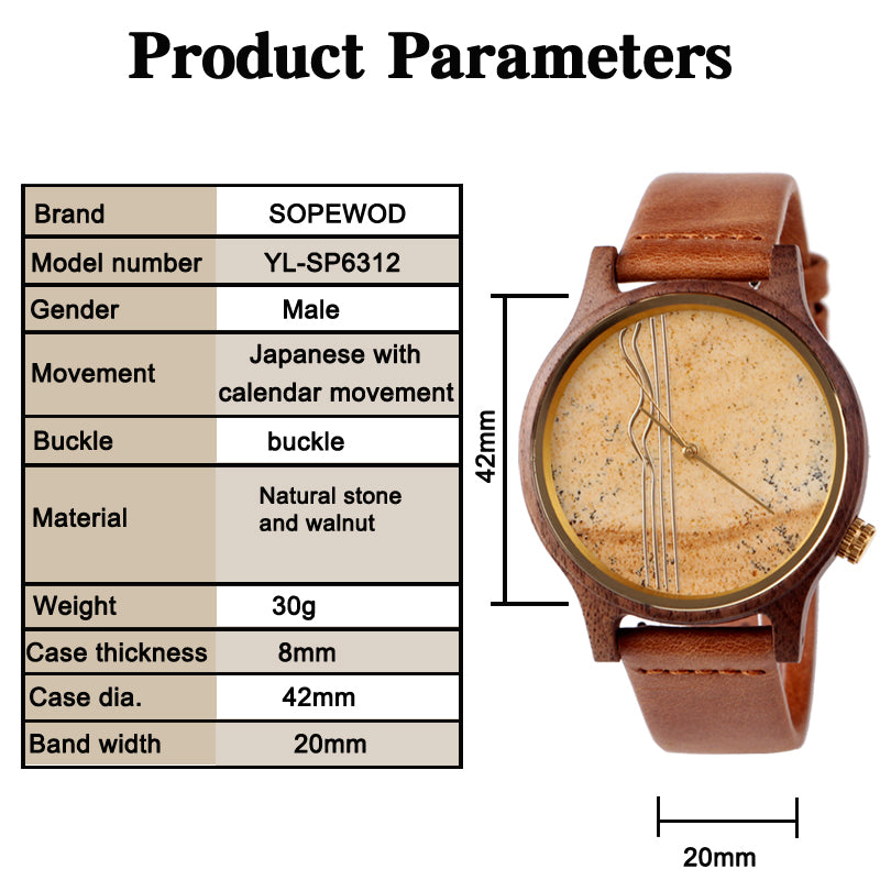 SOPEWOD Men's walnut Wood Watch and Stone Face Design