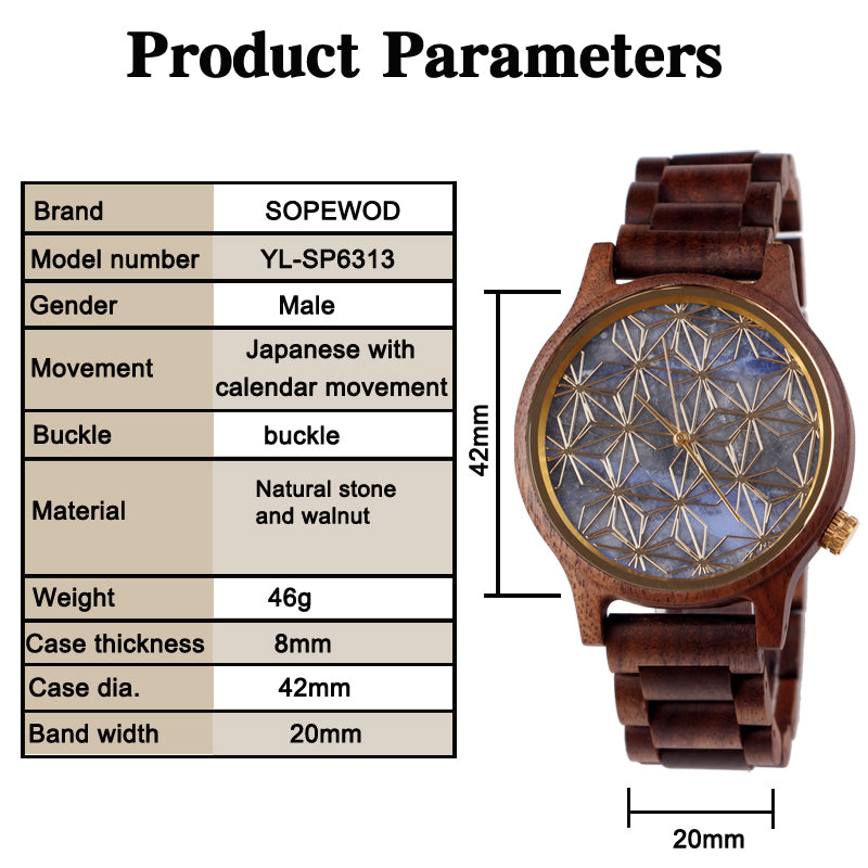 SOPEWOD Men's walnut Wood Watch and Stone Face Design