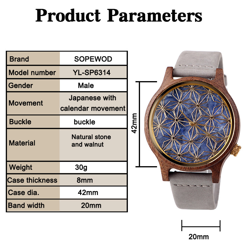 SOPEWOD Men's walnut Wood Watch and Stone Face Design