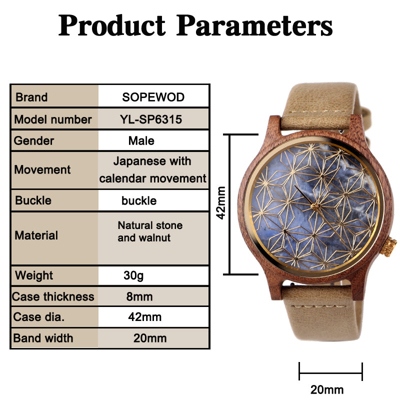 SOPEWOD Men's walnut Wood Watch and Stone Face Design