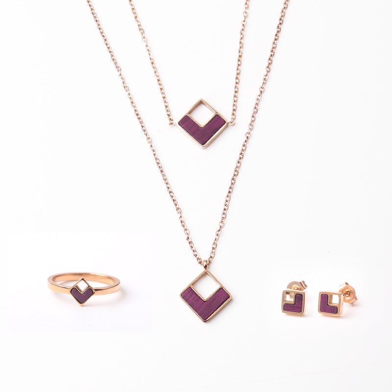 SOPEWOD Wood Inlay Rose Gold Plated Bracelet Necklace Women Earrings 18K Stainless Steel Jewelry Set