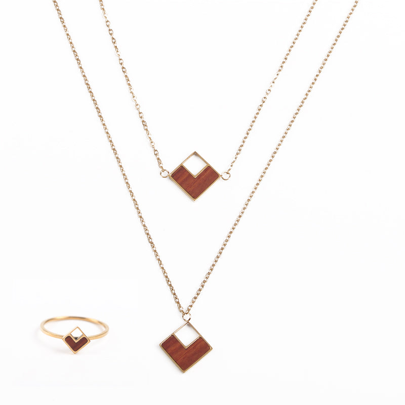 SOPEWOD Wood Inlay Gold  Plated Bracelet Necklace Women Earrings 18K Stainless Steel Jewelry Set