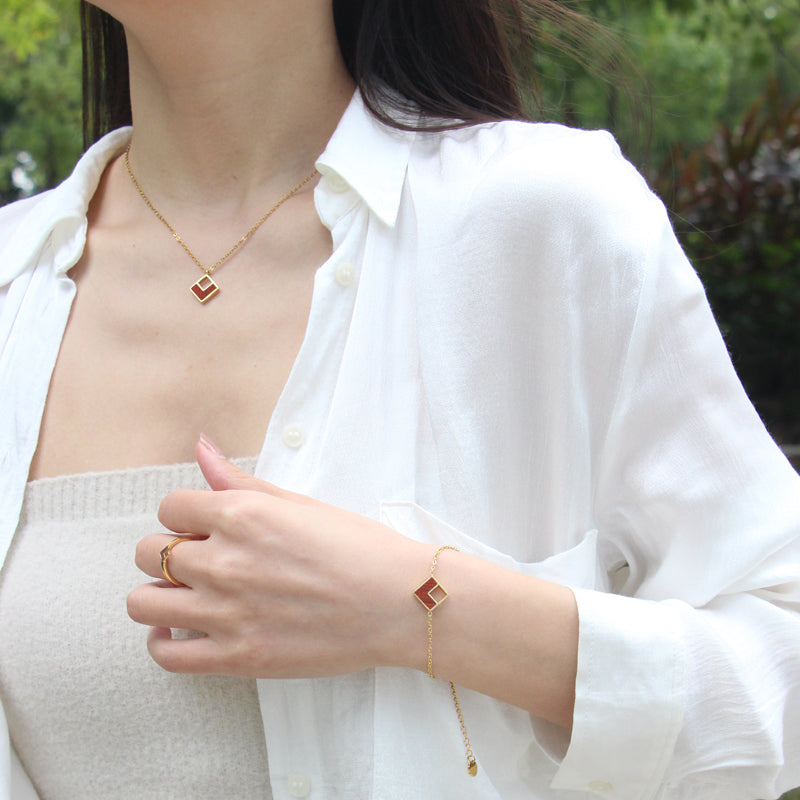 SOPEWOD Wood Inlay Gold  Plated Bracelet Necklace Women Earrings 18K Stainless Steel Jewelry Set